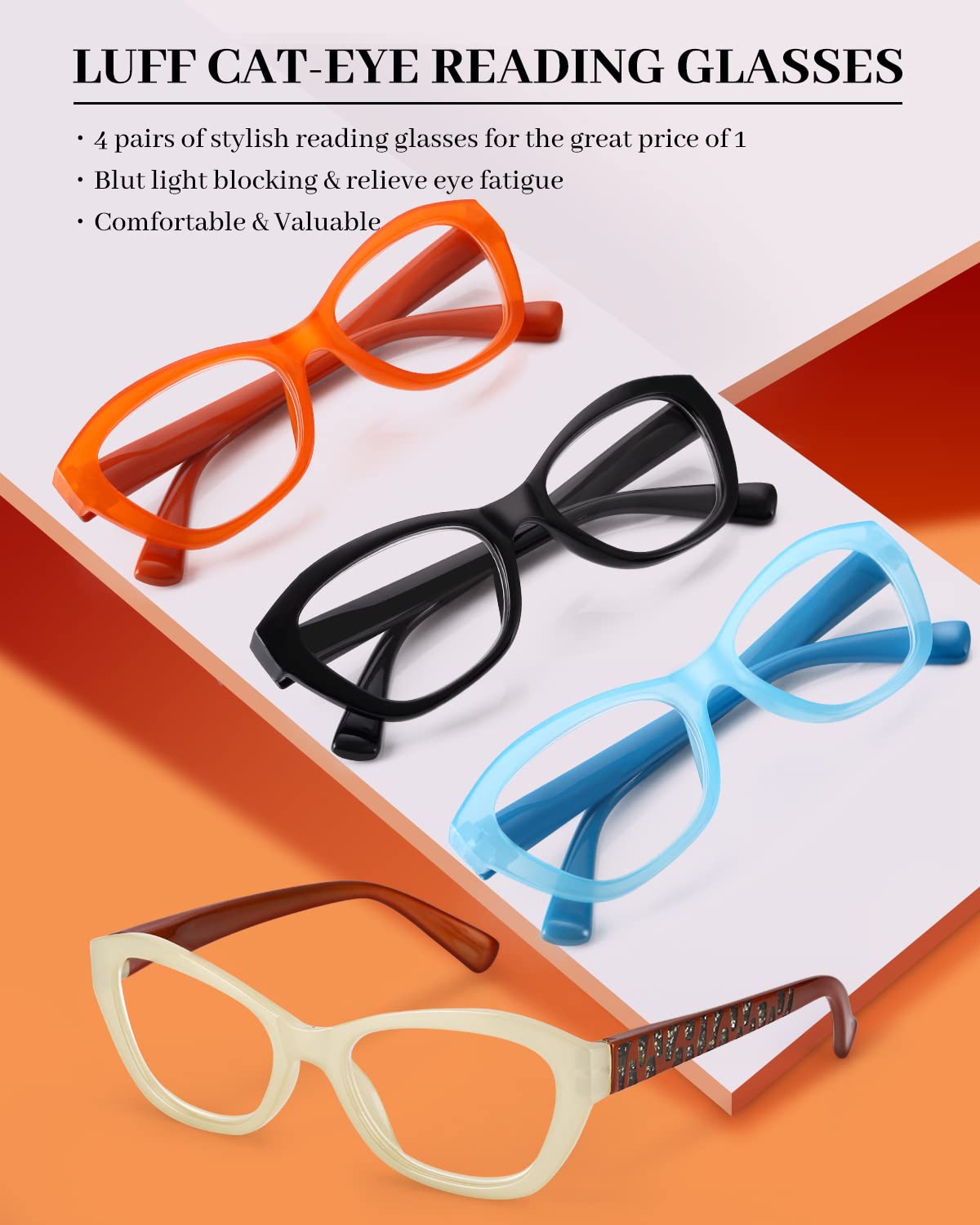 LUFF 4Pack Reading Glasses Blue Light Blocking - for Women Men HD Readers, Spring Hinge Comfort Computer Eyeglasses