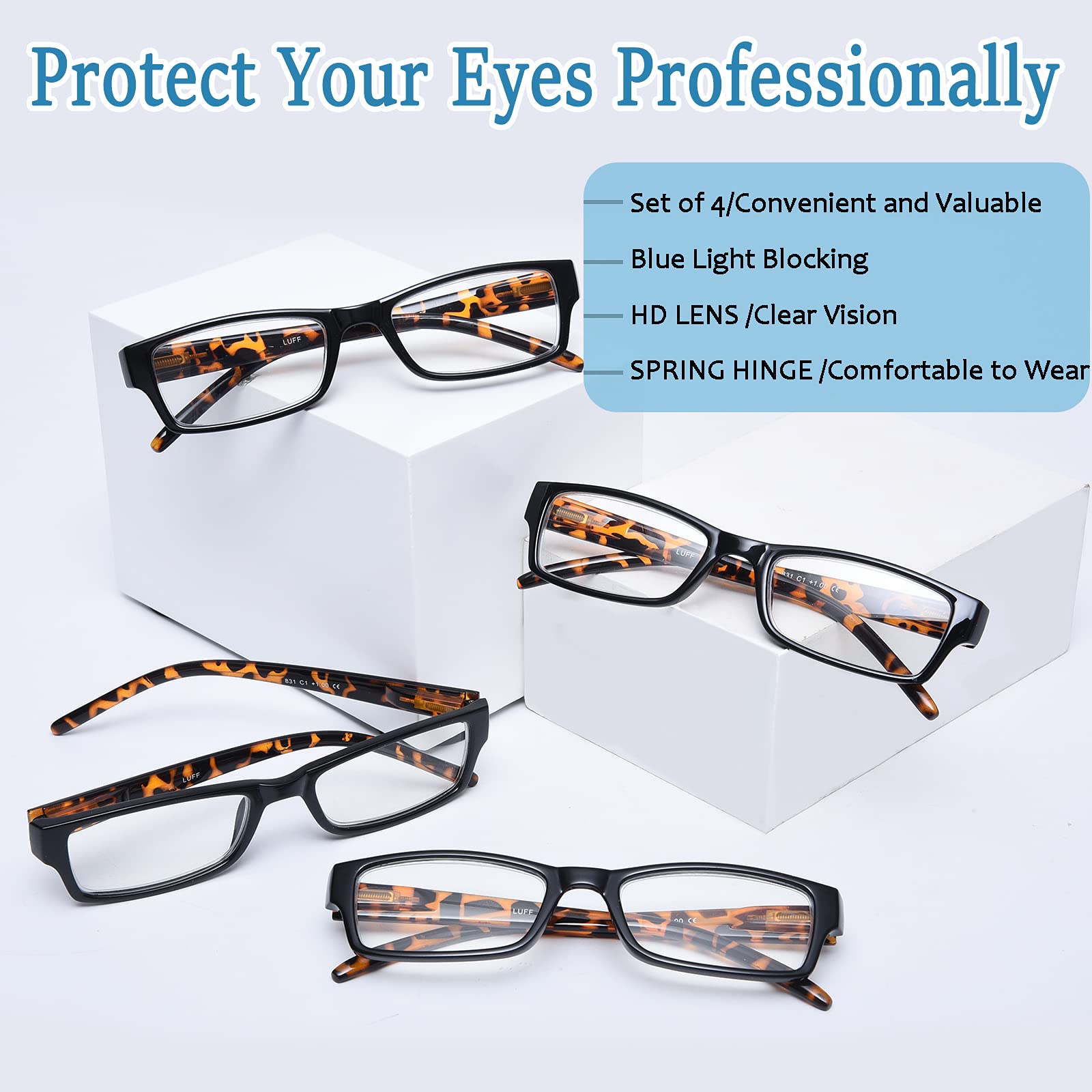 LUFF 4PACK Anti-Blue-Light Reading Glasses - Fashion HD Reader,Reduce Eyestrain Lightweight Computer Eyeglasses for Women Men