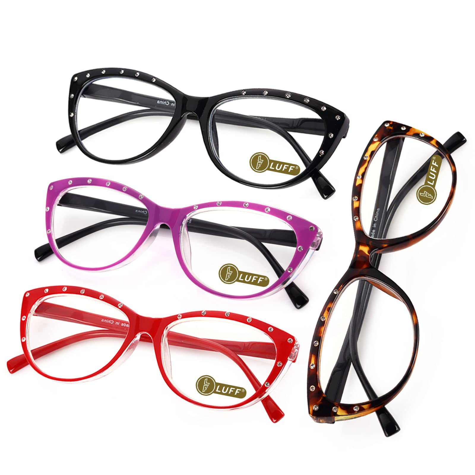 LUFF Reading Glasses for Women Blue Light Blocking,4 Pairs 4 Color Elegant Computer Glasses