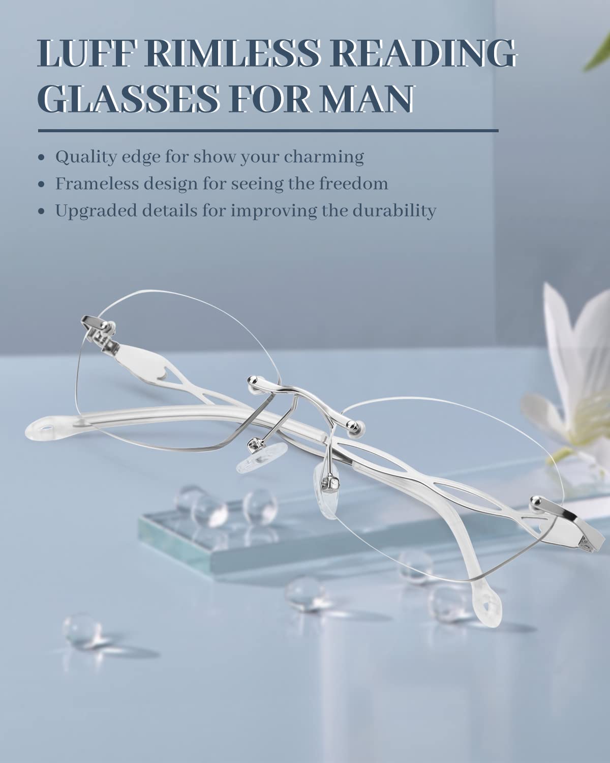 LUFF Rimless Reading Glasses for women men Blue light blocking lightweight metal classic computer readers Anti Eyestrain