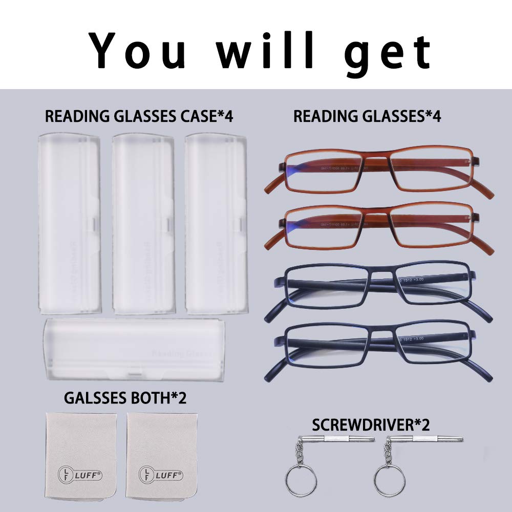 LUFF Blue-Light-Blocking Reading Glasses - 4pcs Prescription Eyeglasses for Women