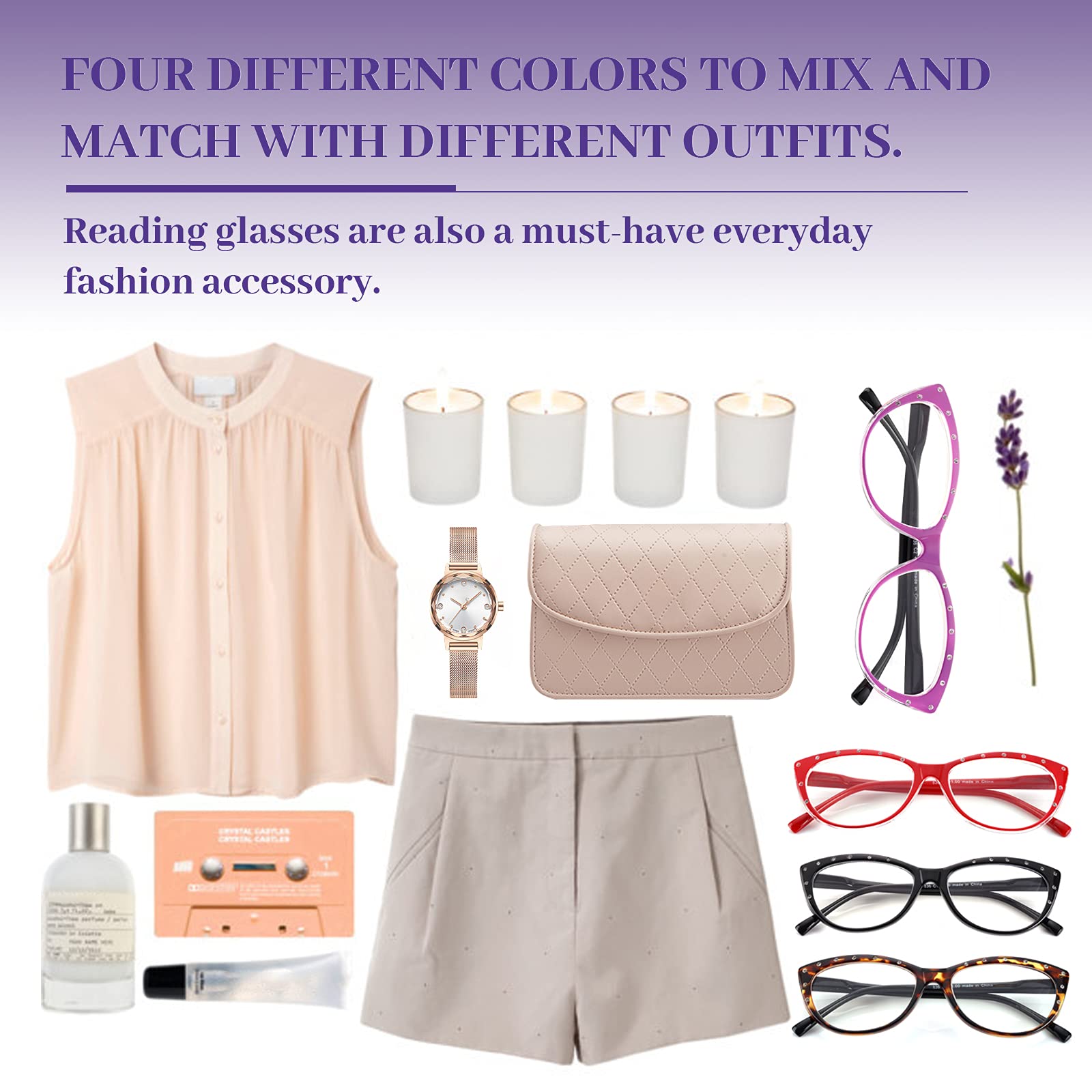 LUFF Reading Glasses for Women Blue Light Blocking,4 Pairs 4 Color Elegant Computer Glasses