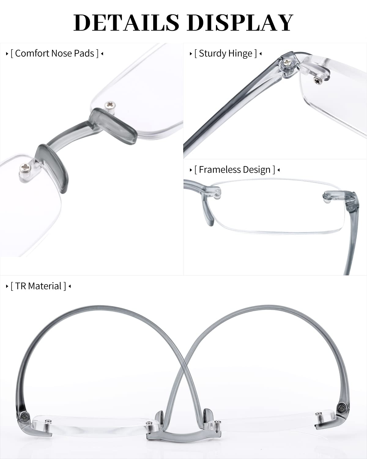 LUFF Rimless Reading Glasses for Men Women, Lightweight Flexible TR90 Reader Comfort to Wear,HD Frameless Glasses